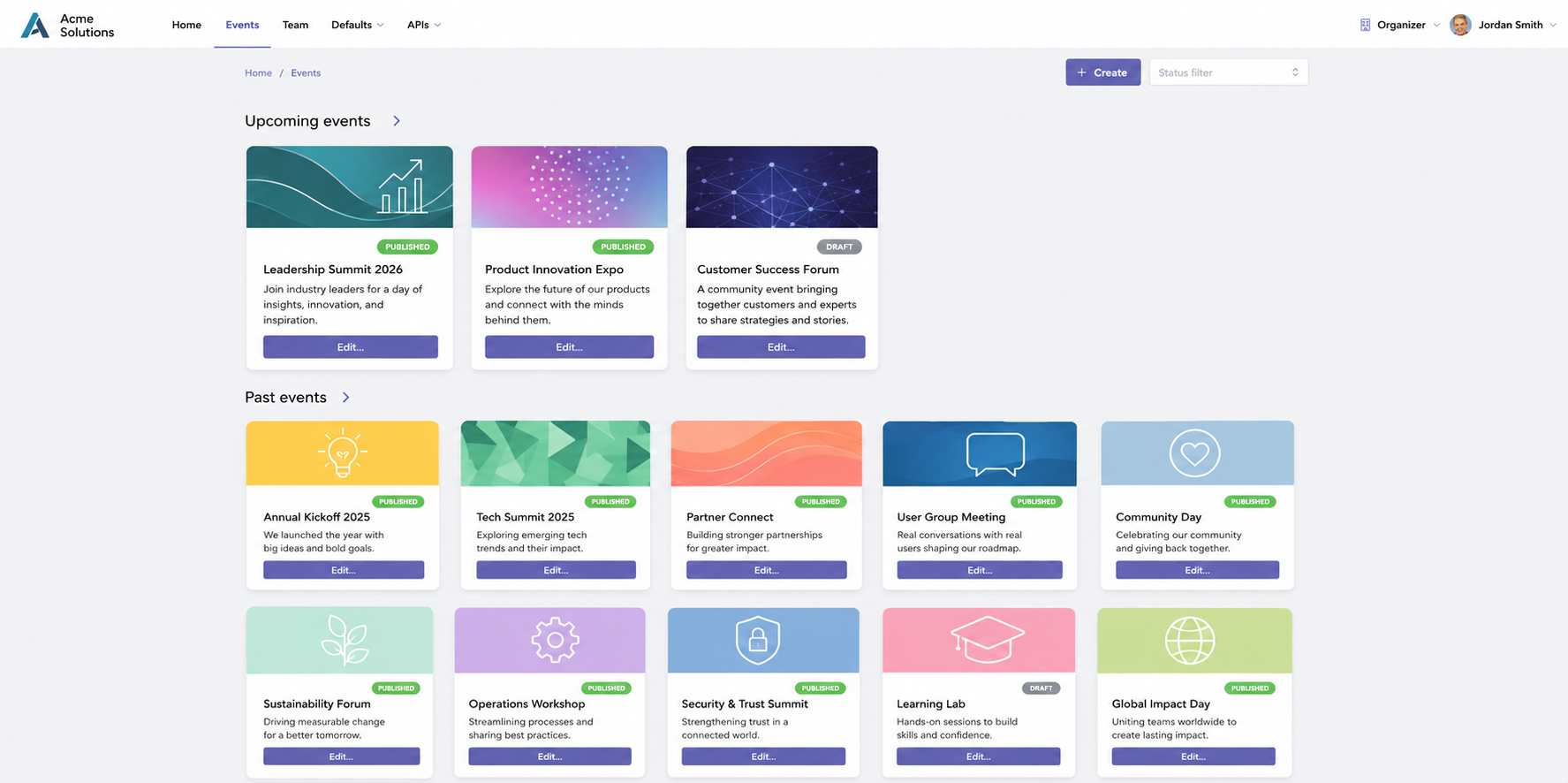 Confrenzy multi-event calendar showing all annual conferences managed from one admin hub